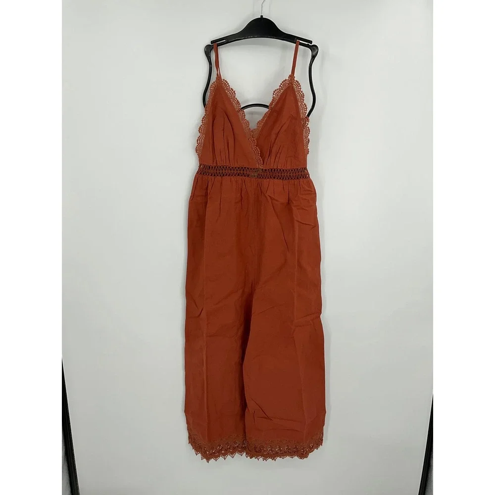 Billabong Lace and Lies Spiced Coral Crochet Trim Wide Leg Jumpsuit‎ Small NEW